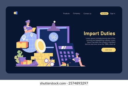 Customs Tariffs on Imports concept. Illustration depicting officers managing taxation on global trade. Regulation, commerce, and economic activity scenes. Vector illustration.