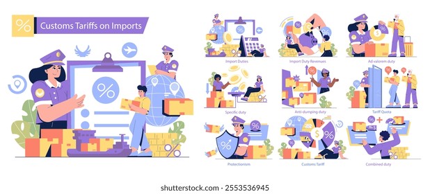 Customs Tariffs on Imports set. Various aspects of import taxation and trade policies. Global trade, revenue collection, anti-dumping measures, and quota systems. Vector illustration.