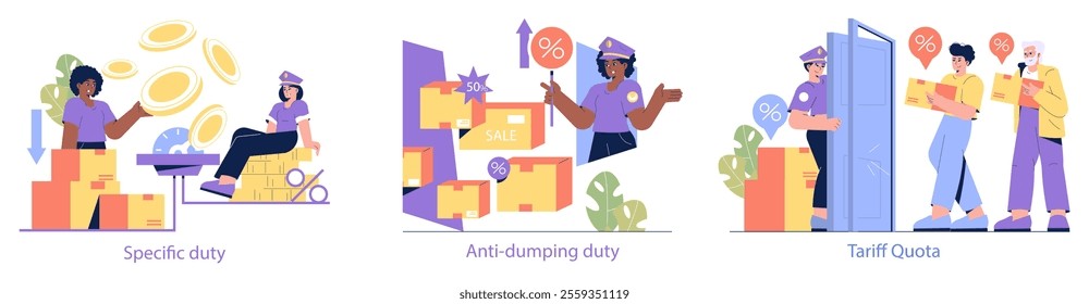 Customs Tariffs on Imports set. Illustrating various import duties including specific, anti-dumping, and tariff quotas. Characters engaging with symbolic elements representing trade policies. Vector