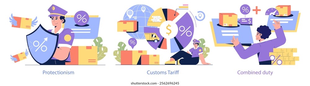 Customs Tariffs set illustrating protectionism, tariff imposition, and combined duties in global trade. Economical barriers and import regulations. Vector illustration.