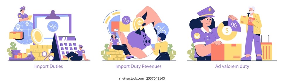 Customs tariffs set on imports featuring officers, percentage signs, and money symbols, encompassing various aspects of duties and revenues. Vector illustration.