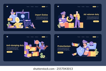 Customs Tariffs Set. Various types of import taxes and border control measures. From ad valorem duties to anti-dumping and protectionist policies. Vector illustration.