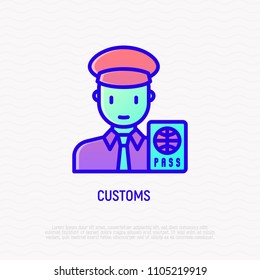 Customs thin line icon: officer checking passport. Modern vector illustration.