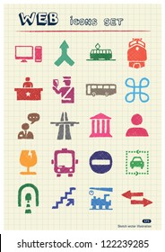 Customs and transport urban web icons set drawn by color pencils. Hand drawn vector elements pack isolated on paper