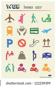 Customs and transport urban web icons set drawn by color pencils. Hand drawn vector elements pack isolated on paper