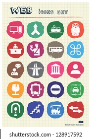 Customs and transport urban web icons set drawn by chalk. Hand drawn vector elements pack isolated on paper