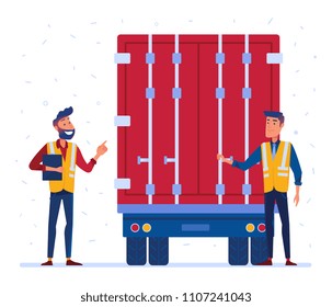 Customs truck loading control. Customs inspector checks the truck loading and accompanying documents. Concept of border inspection. Vector flat design illustration on white background