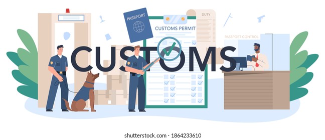 Customs typographic header. Passport control at the airport. Security checkpoint and registration in the airport. Metal detector for safety on board. Isolated flat vector illustration