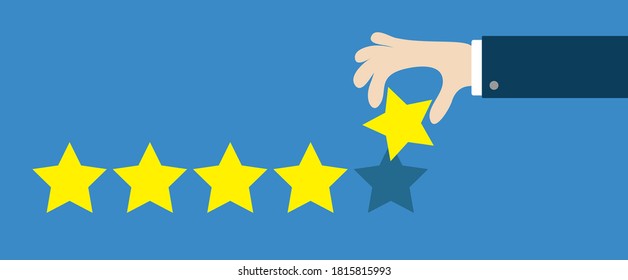 Custumer review satisfaction review. Five star rating selection system. Human hand finger put estimate. 5 Golden stars. Businessman hands pointing. Flat design. Blue background. Isolated. Vector