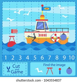 Cut and activity game. Numbers pazzl with sea ship. Find the difference image. Children funny entertainment and amusement. Learn to count numbers funny cartoon riddle. Vector illustration.
