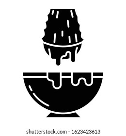 Cut aloe vera sprout black glyph icon. Medicinal herb extract in bowl. Organic plant liquid dropping in jar. Sliced leaf with mortar. Silhouette symbol on white space. Vector isolated illustration