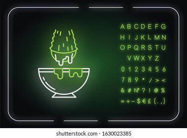 Cut aloe vera sprout neon light icon. Medicinal herb extract in bowl. Organic plant liquid in jar. Outer glowing effect. Sign with alphabet, numbers and symbols. Vector isolated RGB color illustration