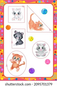 Cut along the lines. Kittens in geometric shapes. Vector illustration in cartoon style.