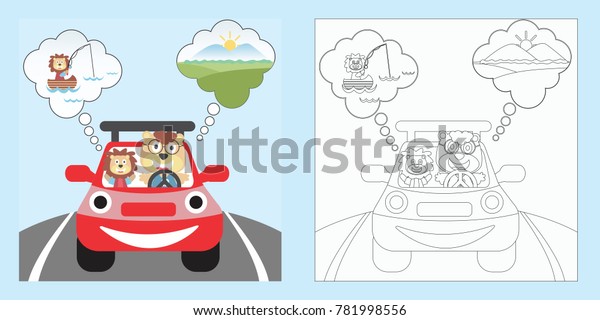 cut animal\
driving car, coloring page or\
book
