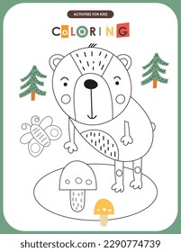 Cut animals coloring page printable for children. Preschool games. Bear in forest. Vector illustration.