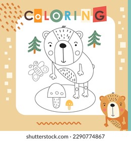 Cut animals coloring page printable for children. Preschool games. Bear in forest. Vector illustration. Book square format.