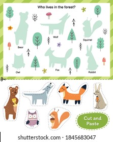 Cut the animals and match them with the right shadows. Animals that live in the forest educational game for kids. Cut and paste activity for toddlers. Vector illustration