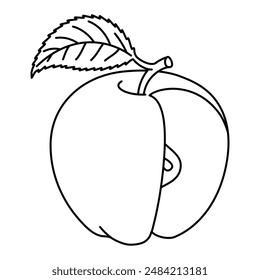 Cut Apple with a leaf line art drawing coloring page. Cross section of cut apple, slices fruit black and white vector illustration. Hand drawn doodle style.