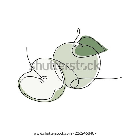 Cut apples with leaf vector. Line continuous hand drawn illustration. Garden fruit outline icon, abstract linear silhouette. Minimal design, print, banner, card, brochure, logo, menu.