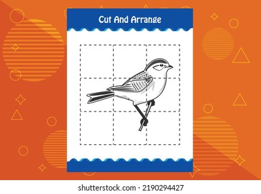Cut and arrange with a bird worksheet for kids. Educational game for children