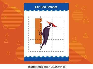 Cut and arrange with a bird worksheet for kids. Educational game for children