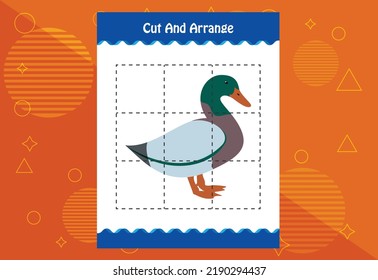 Cut and arrange with a bird worksheet for kids. Educational game for children