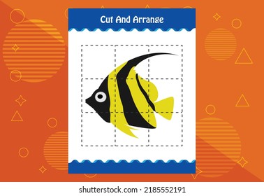 Cut and arrange with a fish worksheet for kids. Educational game for children