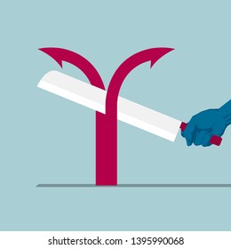 Cut arrow symbol. Isolated on blue background.