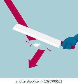 Cut the arrow symbol. Isolated on blue background.