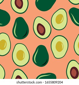 Cut avocado pattern. Vector illustration on a pink background. Healthy nutrition, keto diet and packaging