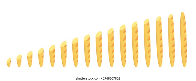 Cortar el tamaño de la baguette. Panadería variada. De largo a corto. Progresión de la animación. Infografía sobre el crecimiento empresarial. Ilustración plana vectorial.