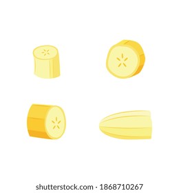 Cut banana slice set with and without peel. Pieces of fruit isolated on white background, cartoon vector illustration of different parts of yellow bananas.