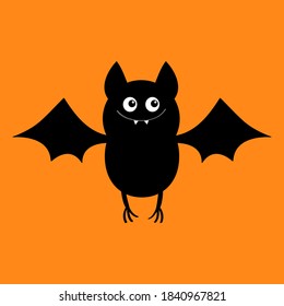 Cut bat. Happy Halloween. Flying animal. Cartoon kawaii funny baby charater. Greeting card. Flat design. Orange background. Isolated. Vector illustration.