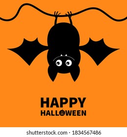 Cut bat. Happy Halloween. Hanging animal. Cartoon kawaii funny baby charater. Greeting card. Flat design. Orange background. Isolated. Vector illustration.
