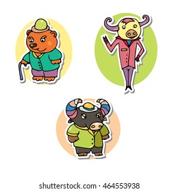 Cut bear with cane and in clothes. Hand Drawn cow with hand up. Wild mammals in doodle style