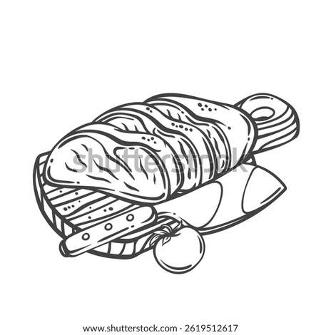 Cut beef meat into slices with chefs axe on wooden board line icon. Outline hand drawn sketch of kitchen knife and raw meat. Cooking, butchers shop menu mascot, food preparation vector illustration