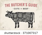 Cut of beef set. Poster Butcher diagram and scheme - Cow. Vintage typographic hand-drawn. Vector illustration