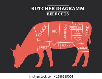 Cut of beef set. Poster Butcher diagram - Cow. Vintage typographic hand-drawn.