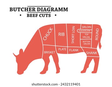 Corte de carne. Cartel Diagrama del carnicero - Vaca. Vintage tipográfico dibujado a mano.