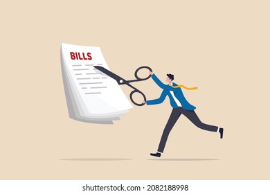 Cut Bills To Reduce Cost And Expense, Tax Or Payment Deduction, Limit Spending Or Control Cash Flow Concept, Businessman Using Big Scissors To Cut Pile Of Bills And Expense.