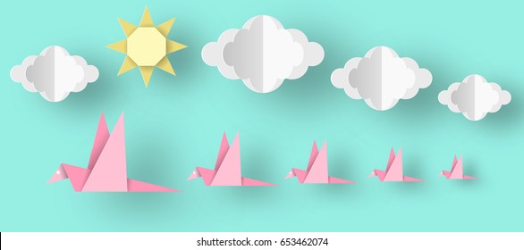 Palabra hecha con originami de papel de estilo "Aves cortadas, nubes y sol". Elementos y símbolos de corte. Plantilla abstracta para banner, tarjeta, póster. Diseño artístico de ilustraciones vectoriales hechas.