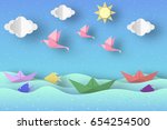 Cut Birds, Ships, Palm Tree, Clouds and Sun Style Paper Origami Crafted World. Cutout Made Template with Elements and Symbols. Landscape for Banner, Card, Poster. Vector Illustrations Art Design.