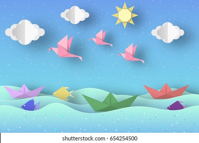 Cut Birds, Ships, Palm Tree, Clouds and Sun Style Paper Origami Crafted World. Cutout Made Template with Elements and Symbols. Landscape for Banner, Card, Poster. Vector Illustrations Art Design.