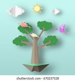 Cut Birds, Tree, Clouds, Sun for Paper Origami Concept, Applique Scene. Childish Cutout Template with Elements, Symbols. Toy Landscape for Card, Poster. Vector Illustrations Art Design.