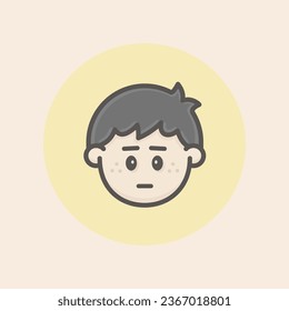 Cut Boy Face Avatar with black hair, Disappointed Mood and yellow background filled iconic vector line art