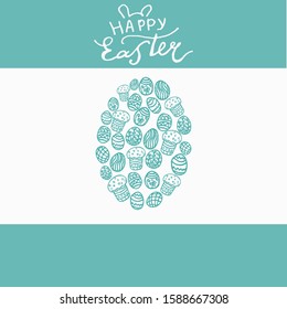 cut bright greeting card doodle design in vector. Lettering Happy Easter an decorated with doodle eggs