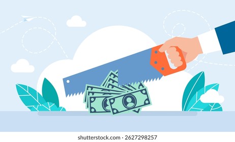 Corte o orçamento com uma serra. Orçamento, alocação de dinheiro ou gestão para o plano de orçamento. Dívida financeira nas empresas e na economia. Problema de risco financeiro e problema de dinheiro econômico. Ilustração vetorial