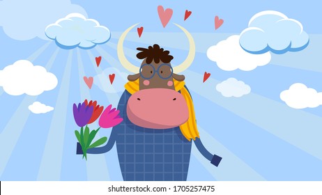 Cut bull in love hands
bouquet of tulips. Vector funny ox illustration of symbol 2021.