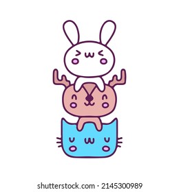 Cut bunny, deer, and cat mascot, illustration for t-shirt, sticker, or apparel merchandise. With doodle, retro, and cartoon style.