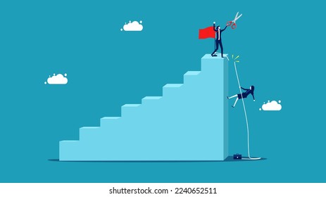 Cut business competitors. Cut the rope of a businesswoman who climbs the stairs
